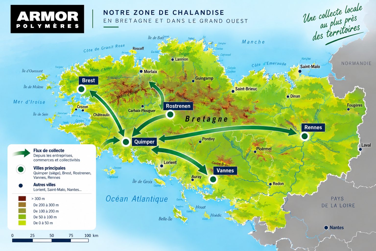 Zone de chalandise Armor Polymères en Bretagne et dans le grand ouest : Quimper (siège), Brest, Rostrenen, Vannes, Rennes
