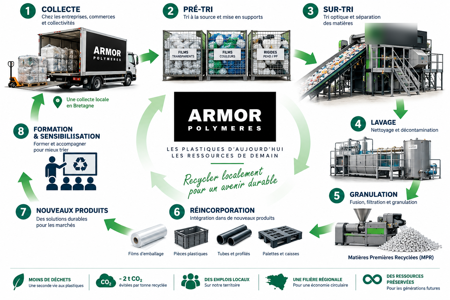 Notre process : collecte, pré-tri, sur-tri, lavage, granulation, réincorporation